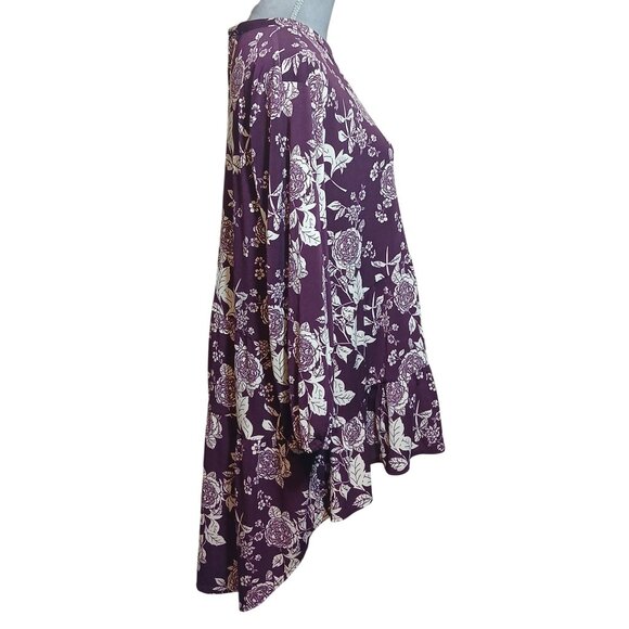 Cato Womens XL Floral Print Tunic Hi-Low Ruffle Hem Stretch Boho Cut-Out Blouse - Picture 3 of 7
